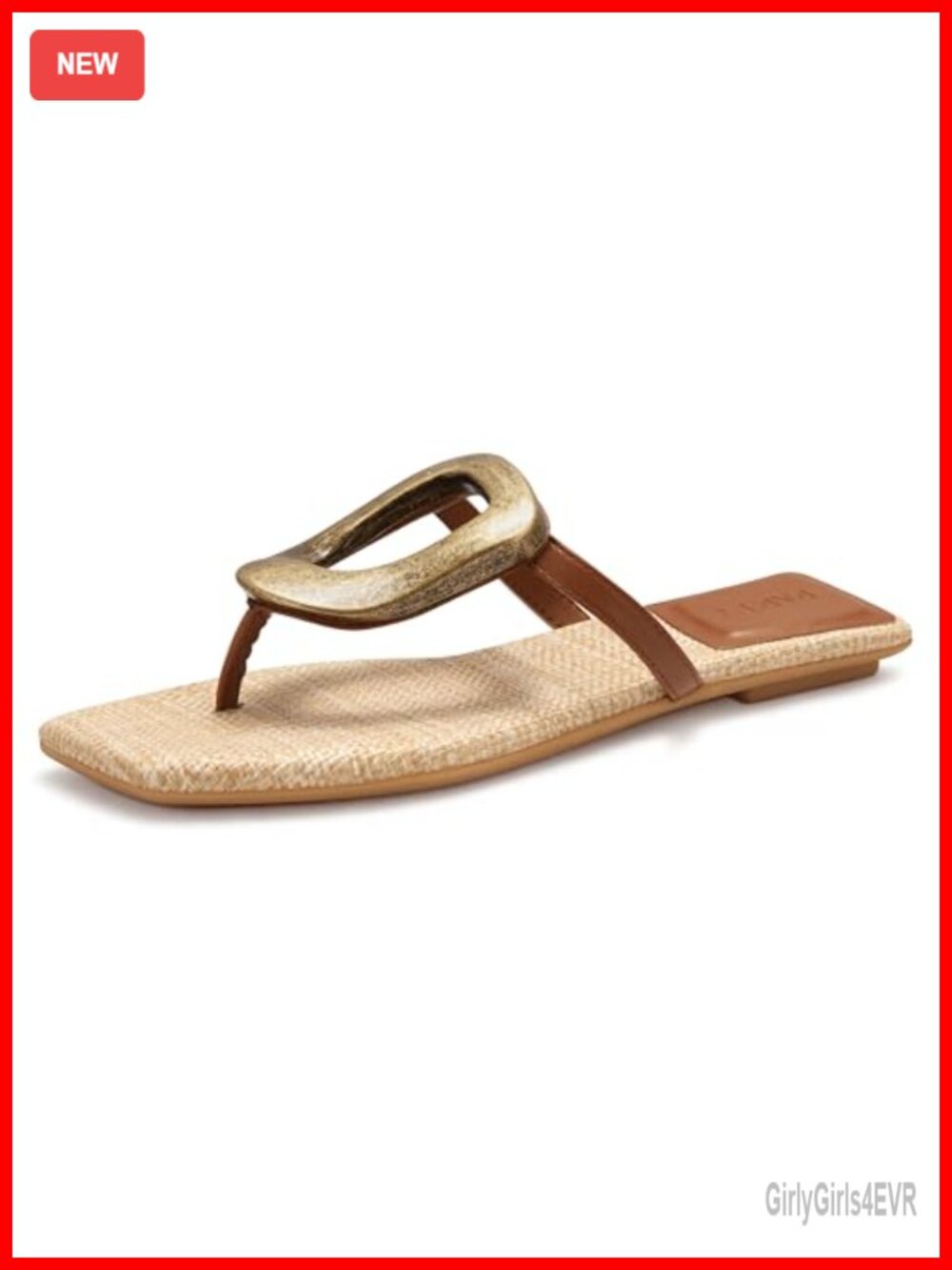 Square Toe Flip Flops Thong Sandals with Gold Buckle Summer Comfort Flat Sandals